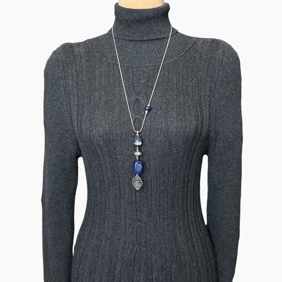 Chicos Beaded Pendant Necklace Tags Blue Silver Tone Pull Adjustable Slide Chain - Picture 2 of 10